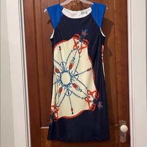 Robbie Bee Navy Shift Dress with Blue Cap Sleeves and Cream Chain Panel